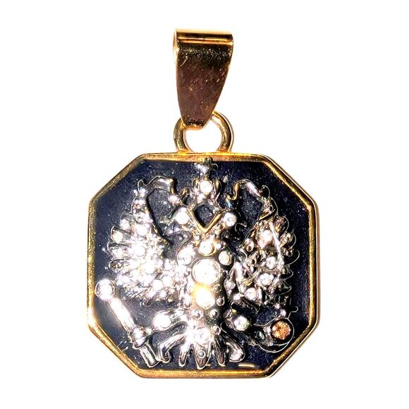 NIB Joan Rivers Imperial Russian Eagle Medallion Gold Black Rhinestone Pendant - Picture 1 of 4